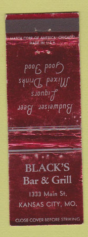 Matchbook Cover - Black's Bar and Grill Kansas City MO WORN