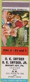 Matchbook Cover - OK Snyder Insurance Mount Joy PA