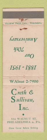 Matchbook Cover - Creth & Sullivan Philadelphia PA 1951 insurance WEAR