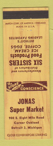 Matchbook Cover Jonas Super Market Grocery Detroit MI Six Sisters Food Products