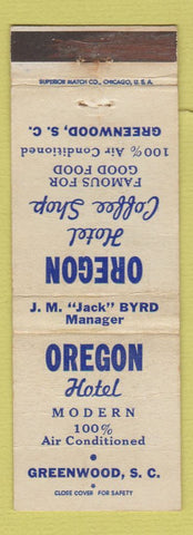 Matchbook Cover - Oregon Hotel Greenwood SC WEAR