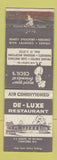 Matchbook Cover - De Luxe Restaurant Concord NC WEAR