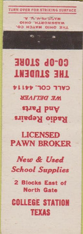 Matchbook Cover - Student Coop Pawn College Station TX