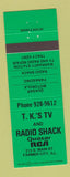 Matchbook Cover - TK's TV Radio Shack Quasar RCA Farmer City IL