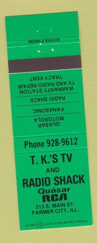 Matchbook Cover - TK's TV Radio Shack Quasar RCA Farmer City IL