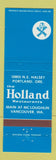 Matchbook Cover - Holland Restaurants Vancouver WA Portland OR