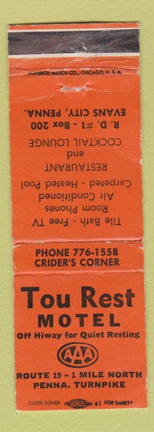 Matchbook Cover - Tou Rest Motel Evans City PA WEAR