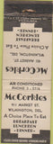 Matchbook Cover - McCorkles Wilmington DE Restaurant