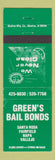Matchbook Cover - Green's Bail Bonds Santa Rosa Napa Vallejo CA WEAR