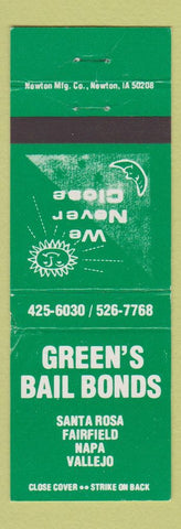 Matchbook Cover - Green's Bail Bonds Santa Rosa Napa Vallejo CA WEAR