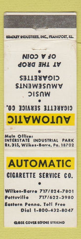 Matchbook Cover - Automatic Cigarette Service Vending Wilkes Barre Pottsville PA