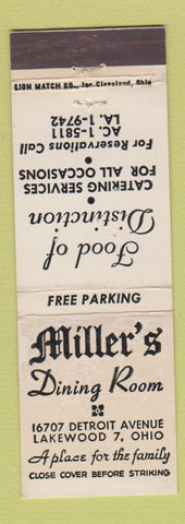 Matchbook Cover - Miller's Dining Room Lakewood OH WEAR