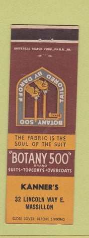 Matchbook Cover - Botany 500 Men's Clotehs Kanner's Massillon OH