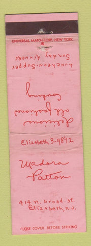 Matchbook Cover - Wadora Patton Restaurant Elizabeth NJ WORN