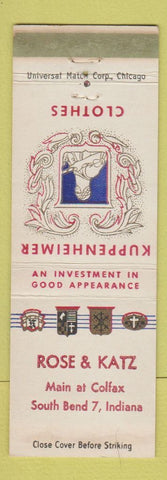 Matchbook Cover - Kuppenheimer Men's Clothes Rose & Katz South Bend IN WEAR