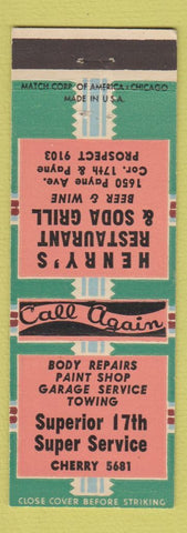 Matchbook Cover - Superior 17th Super Service Henry's Restaurant