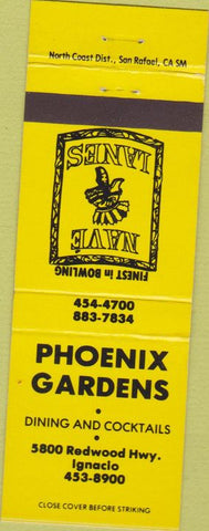 Matchbook Cover - Phoenix Gardens Bowling Ignacio CA yellow