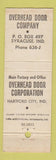 Matchbook Cover - Overhead Door Company Syracuse IN Hartford City IN