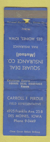 Matchbook Cover - Carroll Perdue Square Deal Insurance Des Moines IA WORN
