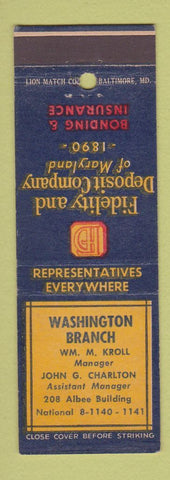 Matchbook Cover - Fidelity and Deposit Insurance Washington Branch DC