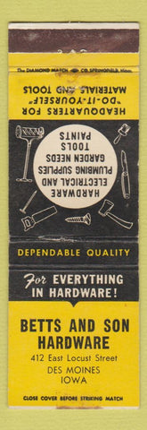 Matchbook Cover - Betts and Son Hardware Des Moines IA WEAR