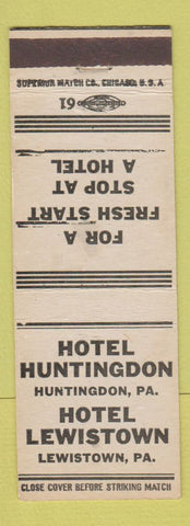 Matchbook Cover - Hotels Lewistown PA Huntingdon PA