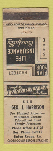 Matchbook Cover - Geo J Harrison Insurance Baton Rouge LA WEAR