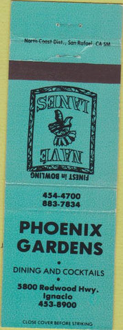 Matchbook Cover - Phoenix Gardens Bowling Ignacio CA turqouise