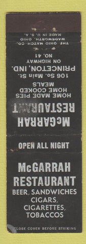 Matchbook Cover - McGarrah Restaurant Princeton IN WEAR