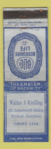 Matchbook Cover - Walter Kreiling Insurance Pittsburgh PA Berkshire Life WEAR
