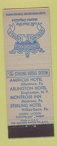 Matchbook Cover Sterling Hotels Allentown Wilkes Barre Montrose PA Binghamton NY