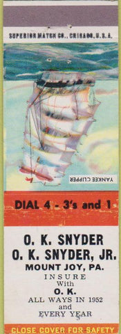 Matchbook Cover - OK Snyder Insurance Mount Joy PA