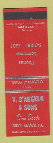 Matchbook Cover - V D'Angelo Sons Restaurant Bryn Mawr PA