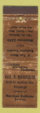 Matchbook Cover - Geo Hunzeker Harrison Radiator Pittsburgh PA WORN
