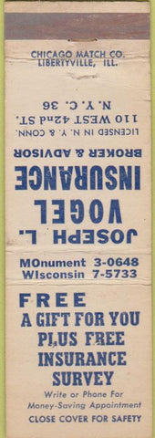Matchbook Cover - Joseph Vogel Insurance New York City