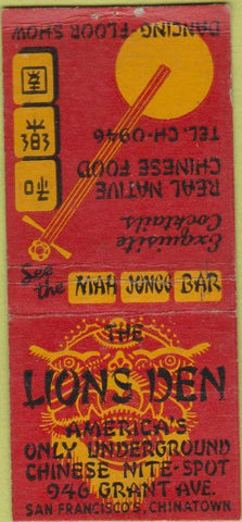 Matchbook Cover - Lions Den San Francisco CA BOBTAIL