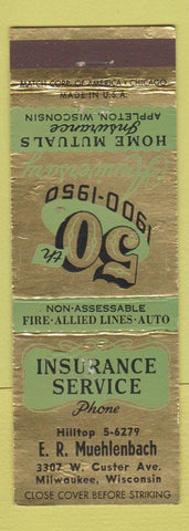 Matchbook Cover - Insurance Service ER Muehlenbach Milwaukee WI 1950 WEAR