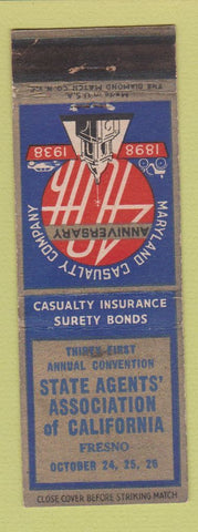 Matchbook Cover Maryland Casualty Insurance State Agents of Fresno CA 1938 WEAR