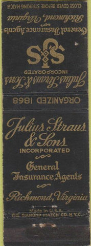 Matchbook Cover - Julius Straus Sons Insurance Richmond VA CREASES