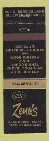 Matchbook Cover - Zeno's Steak Hosue Motel Sullivan MO WEAR