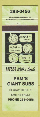 Matchbook Cover - Pam's Giant Subs Smiths Falls ON
