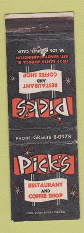 Matchbook Cover - Pick's Restaurant West Los Angeles CA WEAR