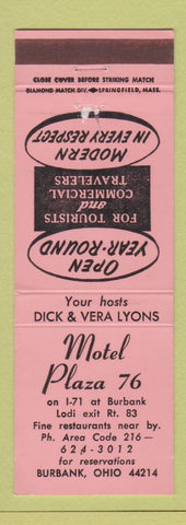 Matchbook Cover - Motel Plaza 76 Burbank OH