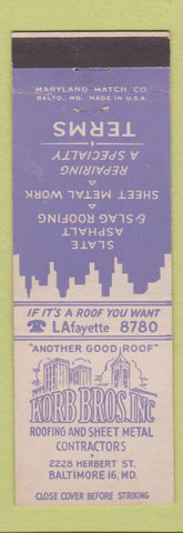 Matchbook Cover - Korb Bros Roofing Sheet Metal Baltimore MD
