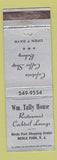 Matchbook Cover - Wm Tally House Restaurant Menlo Park NJ