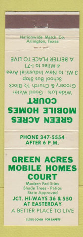Matchbook Cover - Green Acres Mobile Homes Court