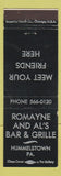 Matchbook Cover - Romayne and Al's Bar Grille Hummelstown PA WEAR