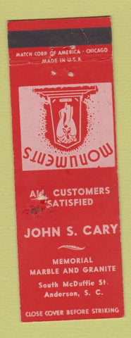 Matchbook Cover - John S Cary Monuments Headstones Anderson SC WORN