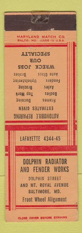 Matchbook Cover - Dolphin Radiator Fender Works Baltimore MD WEAR