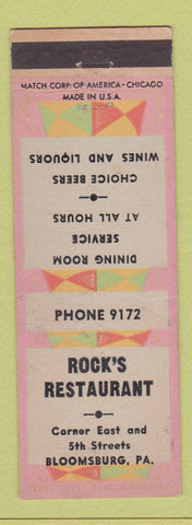 Matchbook Cover - Rock's Restaurant Bloomsburg PA